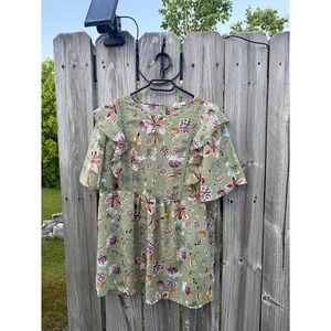 Jodifl Womens Sage Green Floral Ruffle Crochet Trim Babydoll Blouse Size M